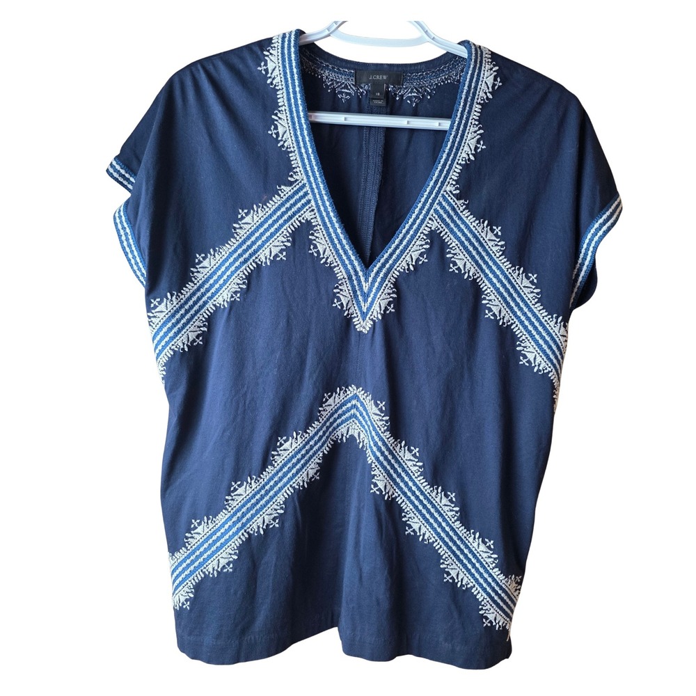 J.Crew Women's XS Navy Blue Embroidered 100% Cotton Boho Tunic Top V Neck Cap Sl